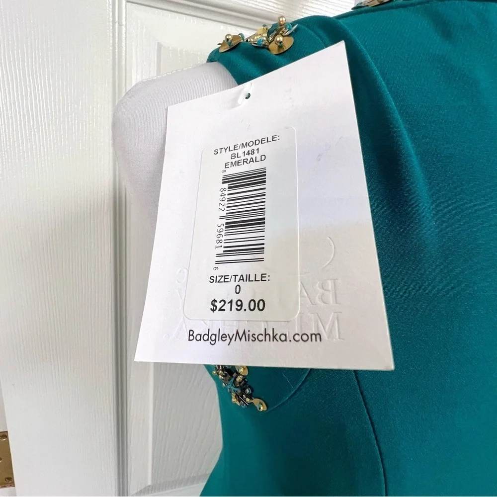 NWT Badgley Mischka emerald green fit flare dress embellished holidays women’s 0